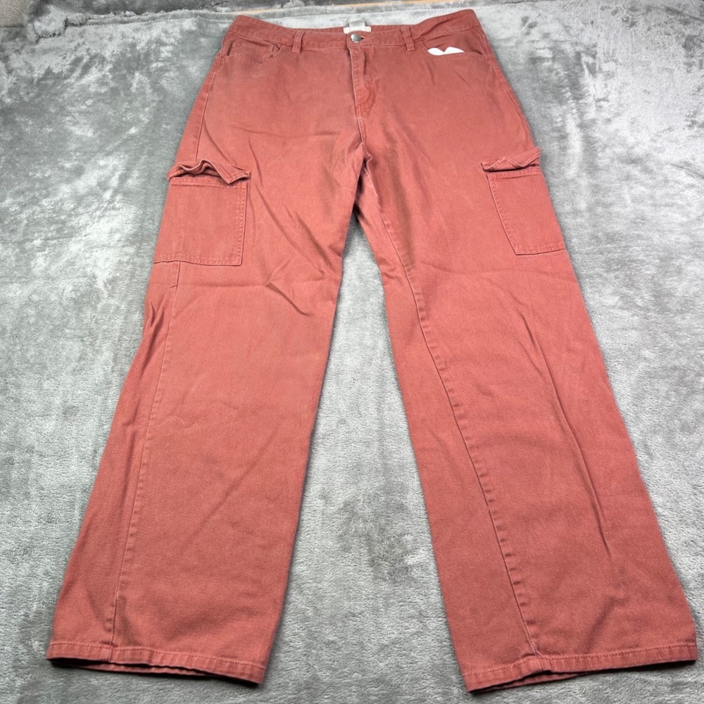 Altar'd State Cargo Jeans Womens XL Red‎ Solid Cotton Wide Leg Utility Pants
